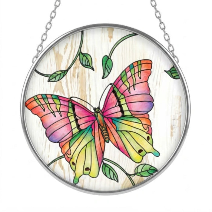 Bridgeton Hall 4.5-inch Garden Jewel stained-glass-style suncatcher featuring colorful garden-inspired artwork hanging in a sunny window.