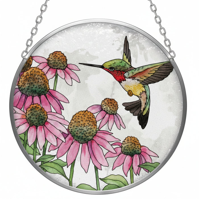 This Bridgeton Hall Coneflowers & Hummingbird Suncatcher brings a charming touch of nature-inspired beauty to your home, garden, or outdoor space.