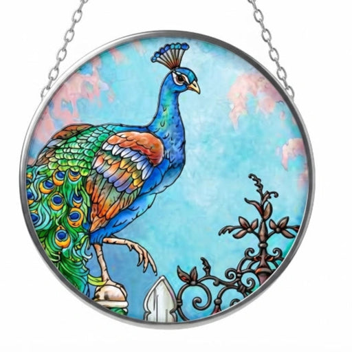 Bridgeton Hall 4.5-inch Jewel of the Garden stained-glass-style suncatcher featuring colorful jewel-toned floral and garden-inspired artwork hanging in a sunny window.