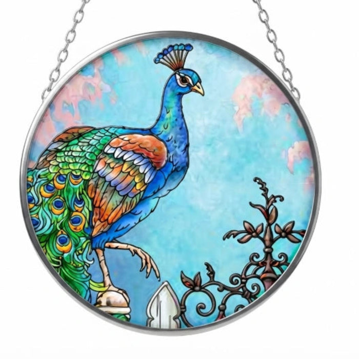 Bridgeton Hall 4.5-inch Jewel of the Garden stained-glass-style suncatcher featuring colorful jewel-toned floral and garden-inspired artwork hanging in a sunny window.