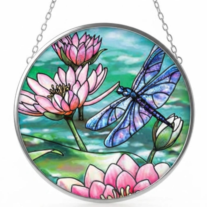 Bridgeton Hall 4.5-inch Dragonflies & Water Lilies stained-glass-style suncatcher featuring colorful dragonflies above blooming water lilies hanging in a sunny window.