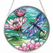 Bridgeton Hall 4.5-inch Dragonflies & Water Lilies stained-glass-style suncatcher featuring colorful dragonflies above blooming water lilies hanging in a sunny window.