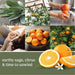 Collage of images featuring sage, oranges, and a person with a mug, with text 'earthy sage, citrus & time to unwind'.