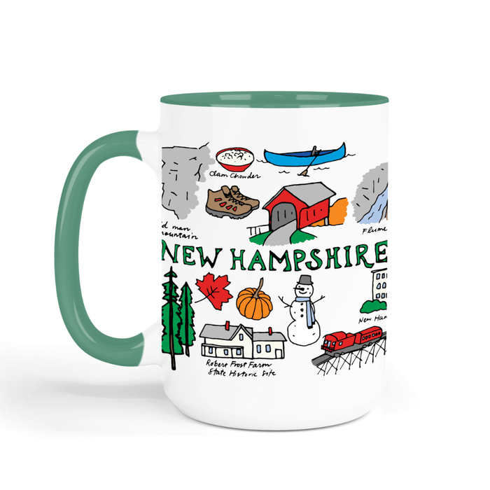 Mug with illustrations of New Hampshire landmarks on a white background