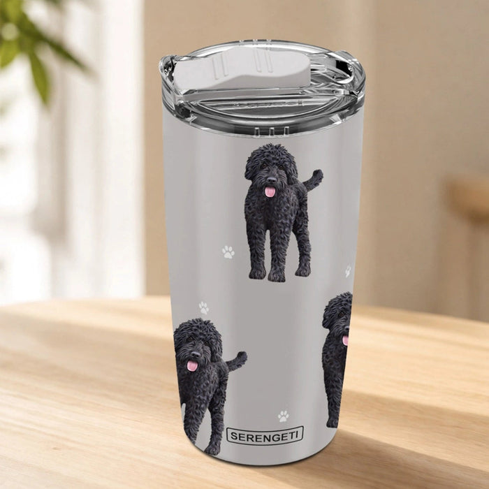 The E & S Pets Black Labradoodle Serengeti Ultimate Tumbler features a realistic, slightly raised 3D-printed Black Labradoodle design using premium German printing technology.