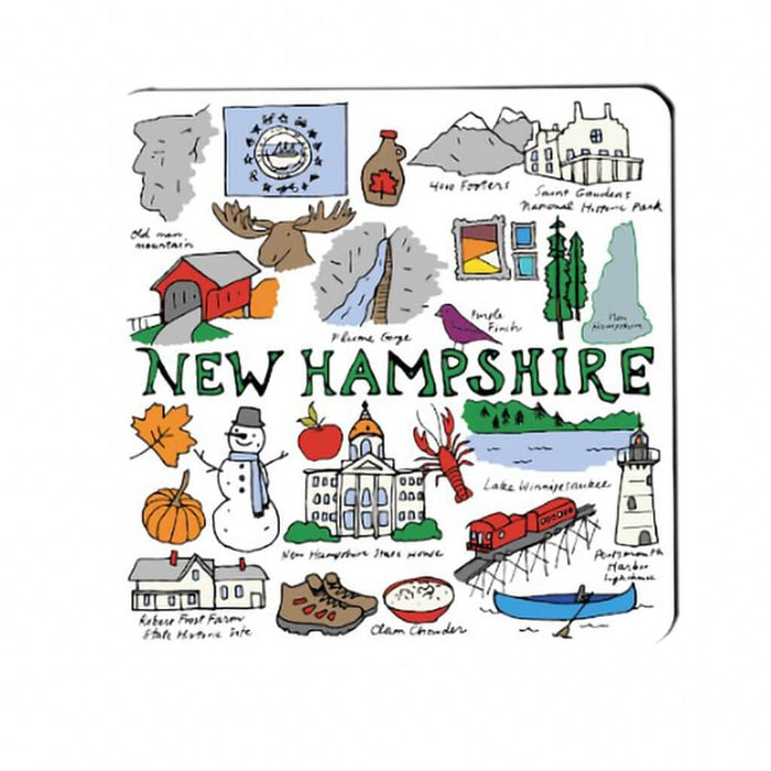 A coaster with a illustrated design featuring various iconic elements of New Hampshire, such as a moose, mountains, a university building, and a lighthouse.
