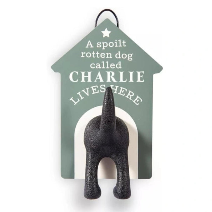 The History &  Heraldry Personalised Dog Lead Hook for Charlie mounts easily beside your front door.