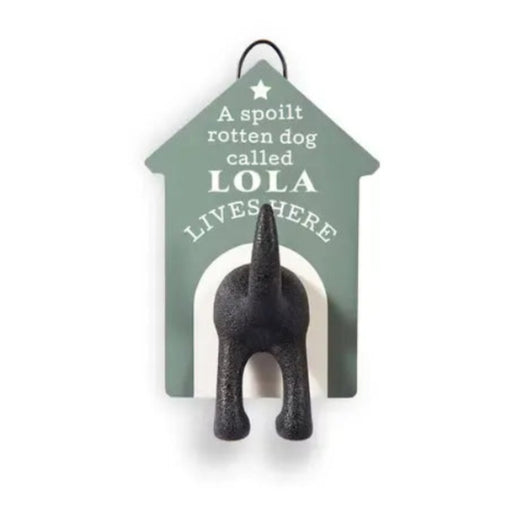 Personalised Dog Lead Storage Hook featuring the name Lola for organizing dog leads, collars, and pet walking accessories.