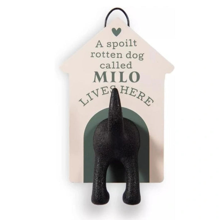 The History & Heraldry Personalised Dog Lead Hook for Milo mounts easily beside your front door