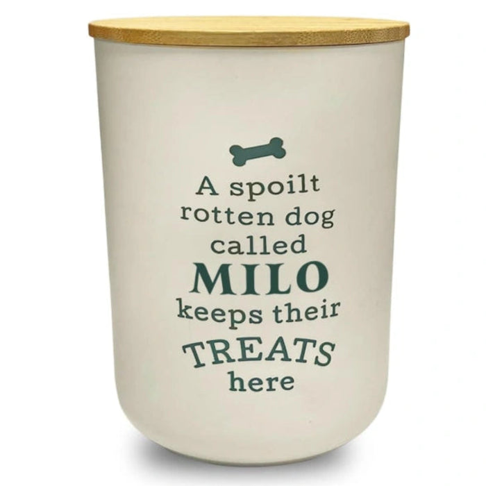 Celebrate Milo every single day with this charming personalised dog treat jar by History & Heraldry.
