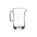  Clear glass pitcher with a handle, showcasing a simple and elegant design for serving beverages.