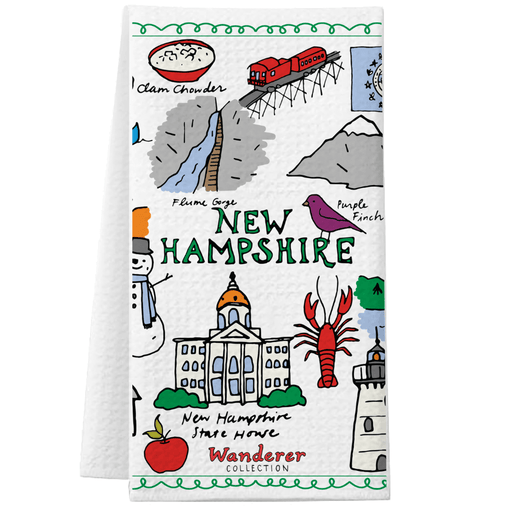 Tea towel with illustrations of New Hampshire landmarks and symbols on a white background.