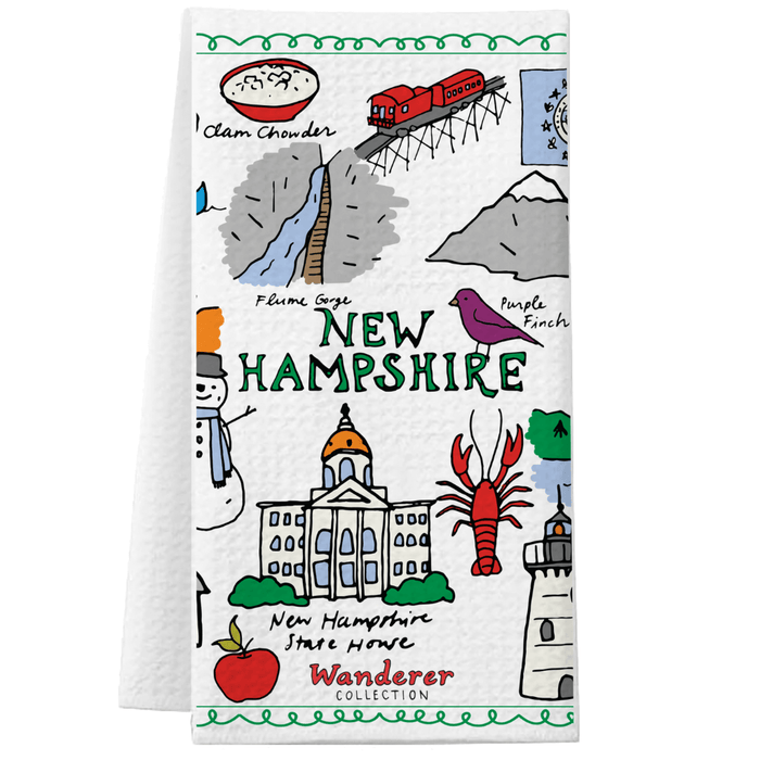 Tea towel with illustrations of New Hampshire landmarks and symbols on a white background.