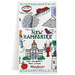 Tea towel with illustrations of New Hampshire landmarks and symbols on a white background.