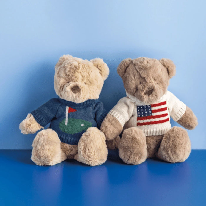 A teddy bear wearing a cozy sweater adorned with the American flag, symbolizing patriotism and warmth.