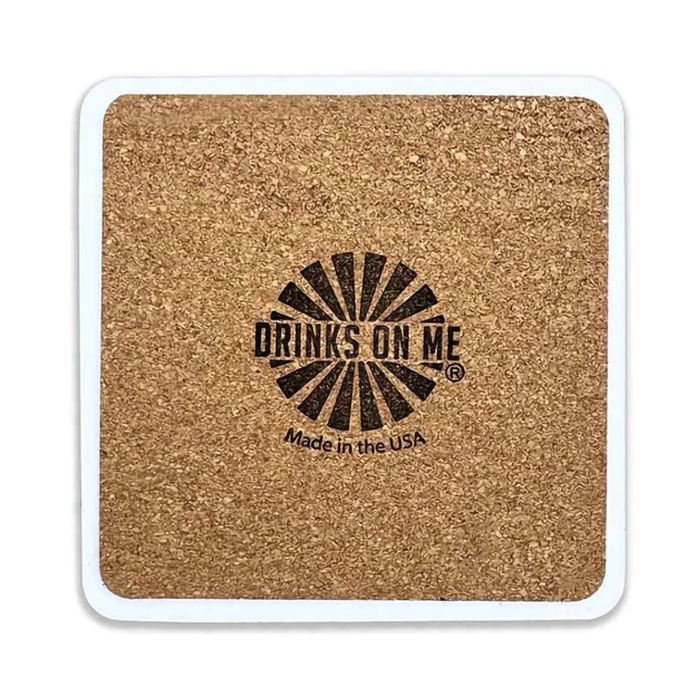 Cork coaster " What is in the bottle"... OMG Jesus did it again with 'Drinks on Me' logo and text on a white background