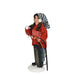 Left side of Byers’ Choice Sledding Girl Caroler holding a green sled marked ‘Merry Christmas