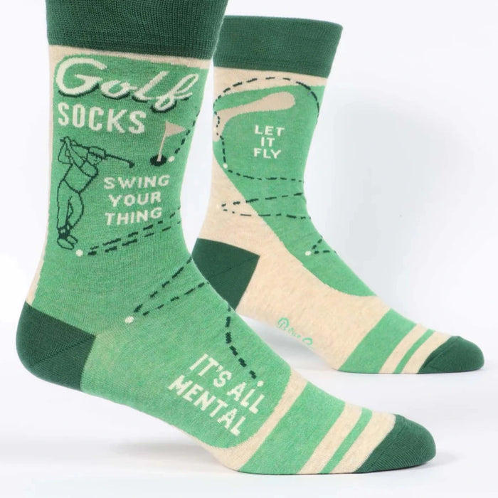 Green golf-themed socks with text on a white background