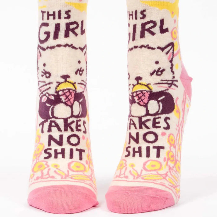 Pair of socks with a cartoon character and text on a white background