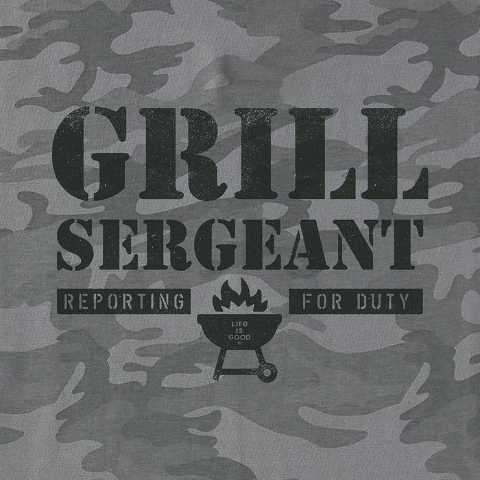 Close-up of Grill Sergeant Crusher Tee – camo Life is Good men's BBQ shirt with Grill Sergeant slogan and grill illustration
