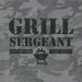 Close-up of Grill Sergeant Crusher Tee – camo Life is Good men's BBQ shirt with Grill Sergeant slogan and grill illustration