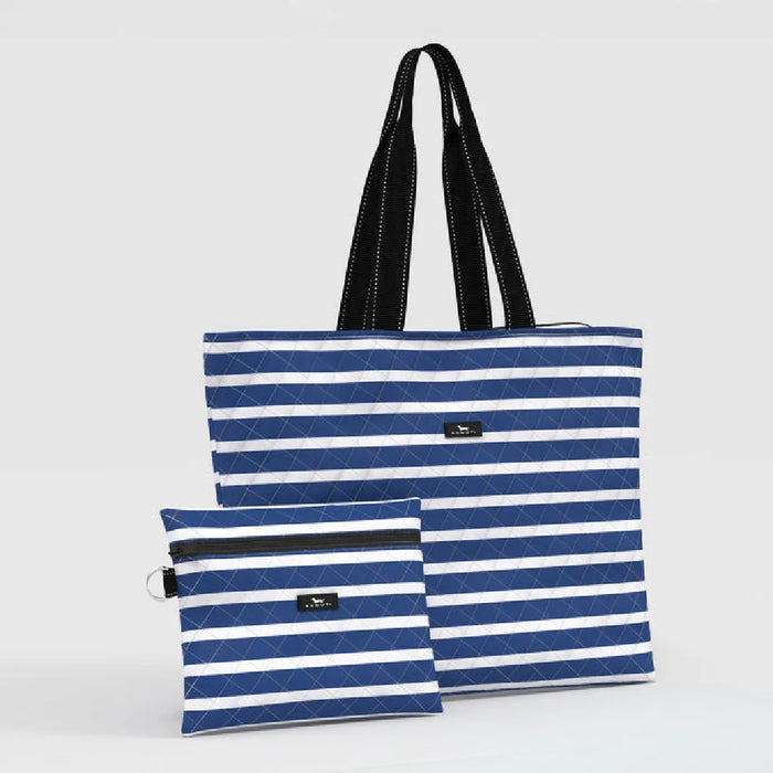  A blue and white striped tote bag accompanied by a matching pouch, showcasing a stylish and coordinated design.