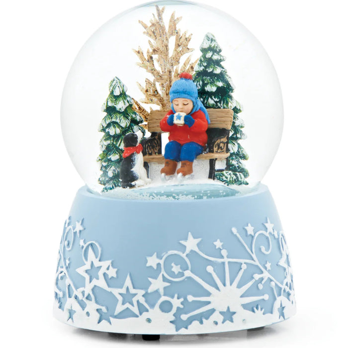 Glitterdome Musical Child Drinking Cocoa winter holiday decoration with child enjoying hot cocoa