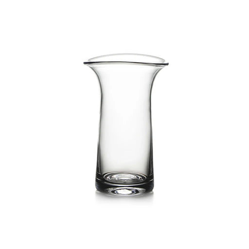 A clear glass vase featuring a gracefully curved base, showcasing its elegant design and transparency.