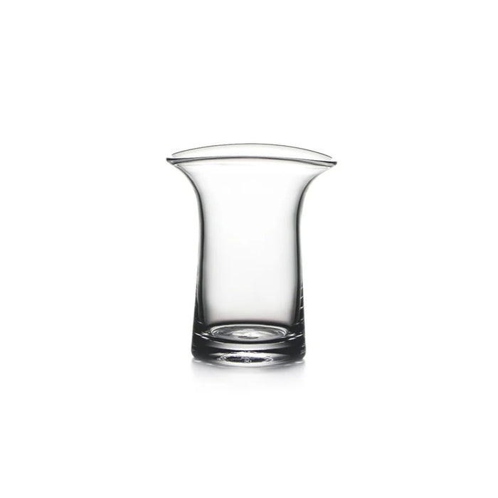A transparent glass vase with a smoothly curved base, highlighting its simple yet sophisticated shape.