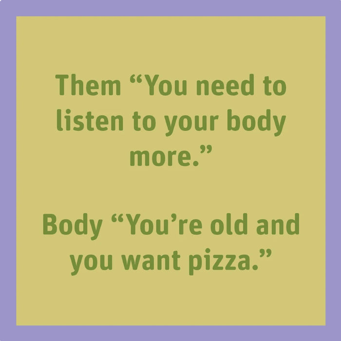 Funny “Drinks On Me: Listen to Body” drink coaster with humorous quote design