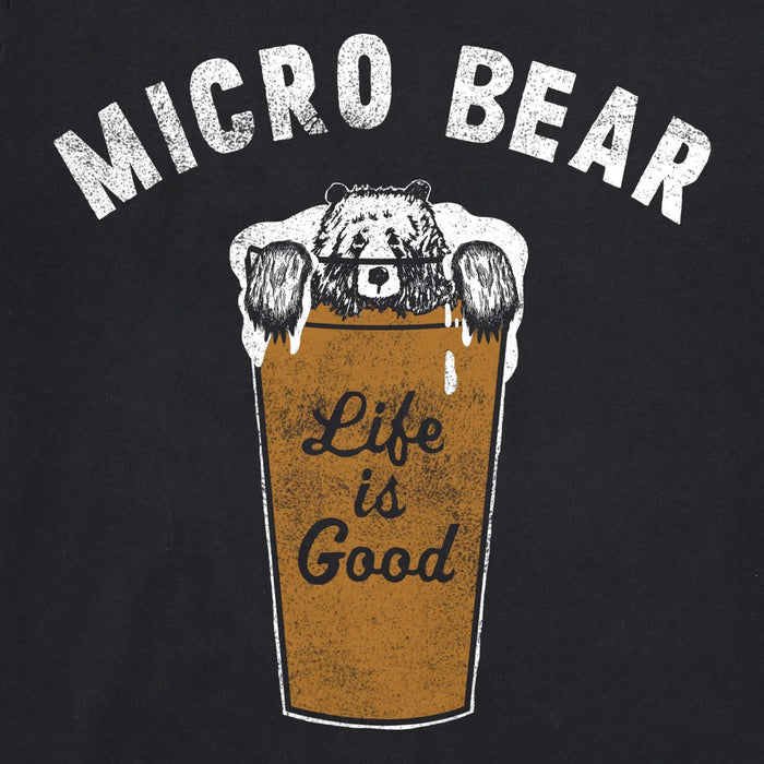 Black t-shirt with a bear in a beer glass graphic and 'Micro Bear Life is Good' text.