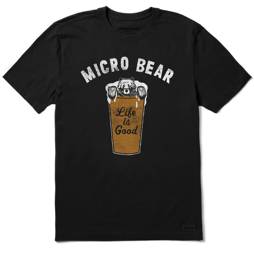 Black t-shirt with 'Micro Bear Life is Good' graphic on a white background