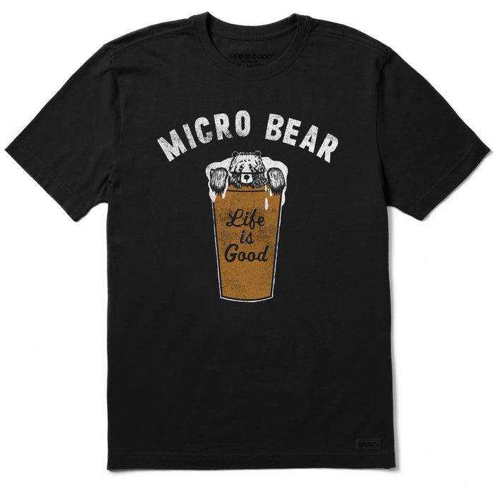Black t-shirt with 'Micro Bear Life is Good' graphic on a white background