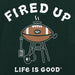 Graphic design of a barbecue with a football on top, labeled 'Fired Up', with 'Life is Good' branding.