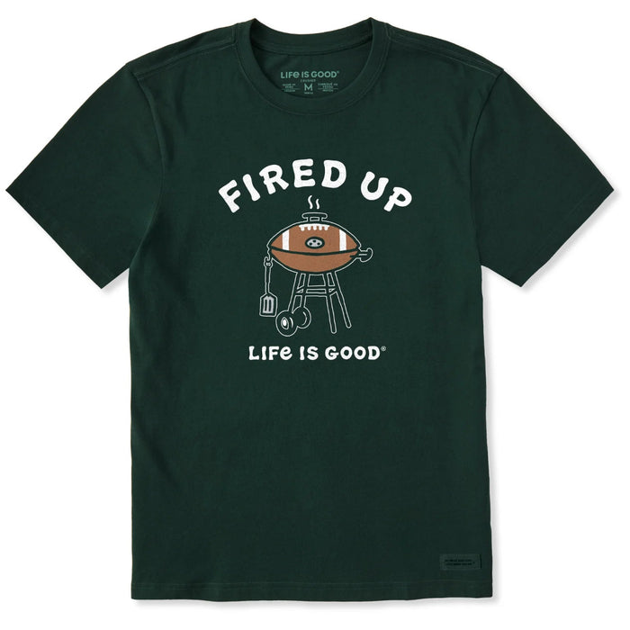 Green t-shirt with Graphic design of a barbecue with a football on top, labeled 'Fired Up', with 'Life is Good' branding.
