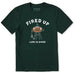 Green t-shirt with Graphic design of a barbecue with a football on top, labeled 'Fired Up', with 'Life is Good' branding.
