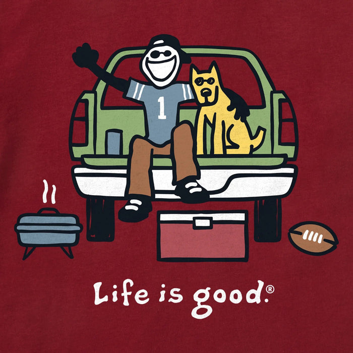 Illustration of a person and dog in a truck with 'Life is good' text