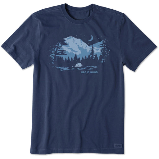 Navy blue t-shirt with mountain and tent graphic and 'Life is Good' text on a white background
