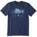 Navy blue t-shirt with mountain and tent graphic and 'Life is Good' text on a white background