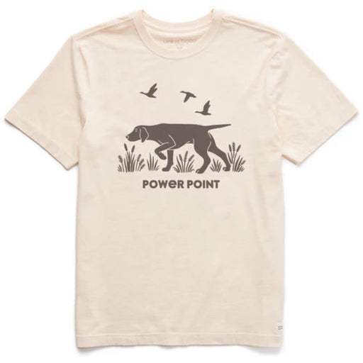 Beige t-shirt with a graphic of a pointer dog and birds and the text 'Power Point'.