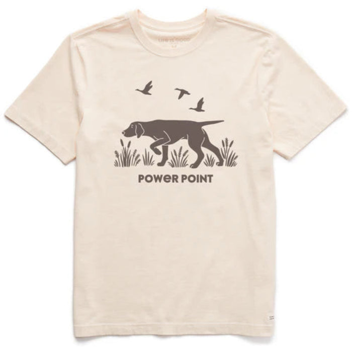 Beige t-shirt with a graphic of a pointer dog and birds and the text 'Power Point'.