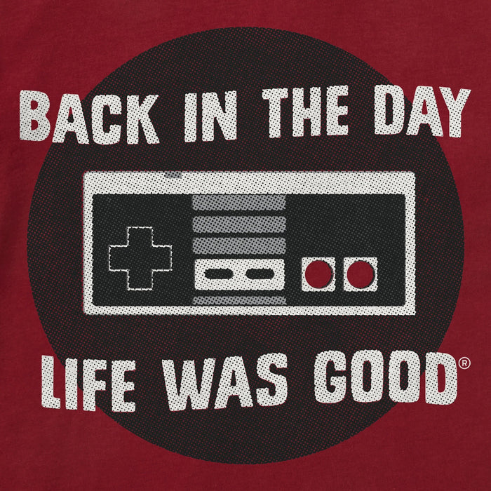 Red t-shirt with a controller graphic and text 'Back in the day life was good' 