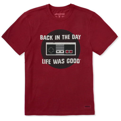 Red t-shirt with 'Back in the Day Life Was Good' graphic on a white background