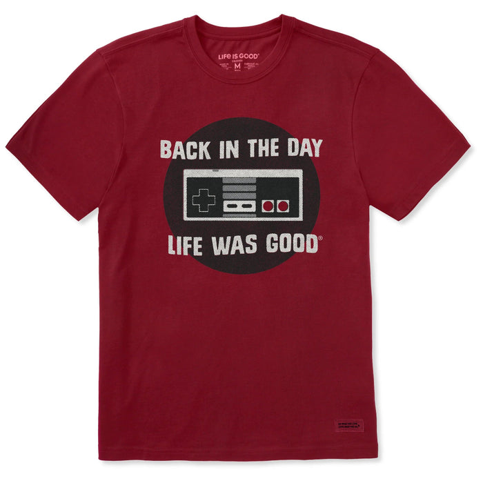 Red t-shirt with 'Back in the Day Life Was Good' graphic on a white background