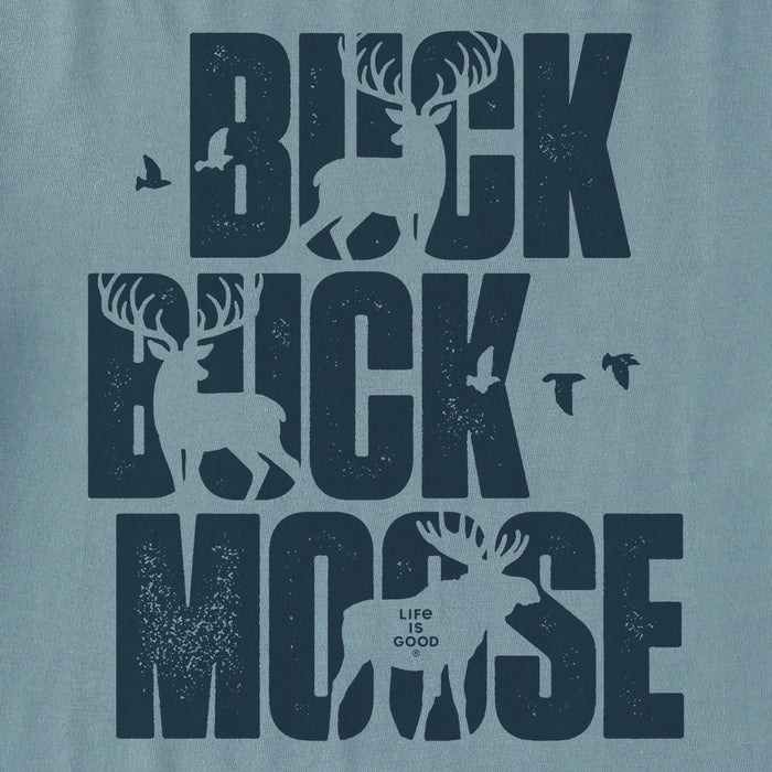 graphic design of deer and moose and text 'Buck Buck Moose'