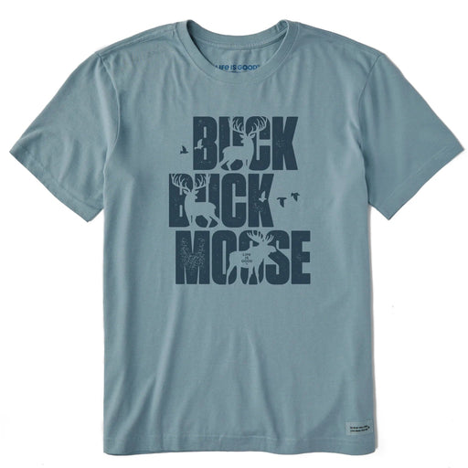 Light blue t-shirt with 'Buck Buck Moose' text and deer graphics on a white background