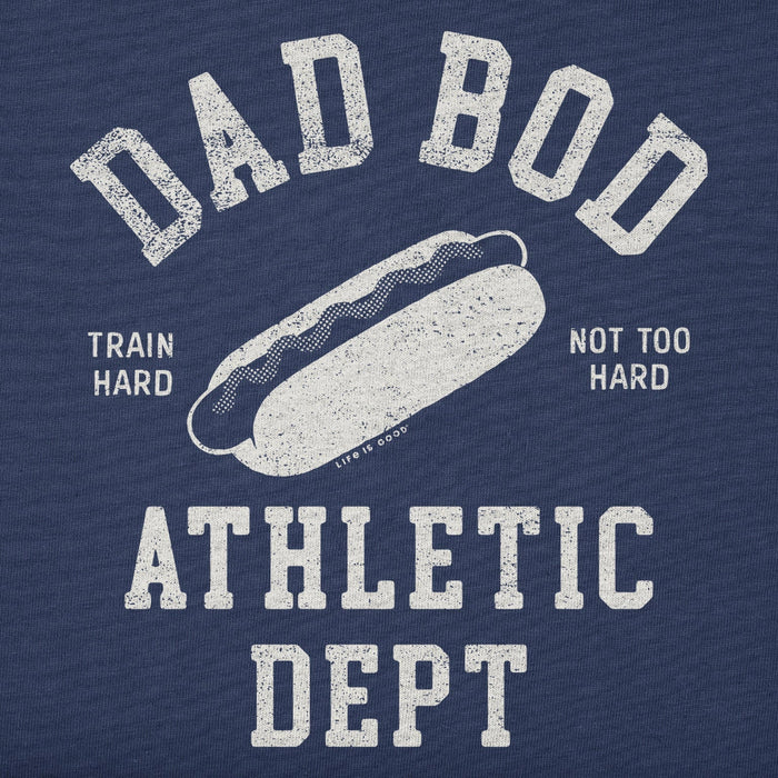 Navy blue shirt with white text and hot dog graphic