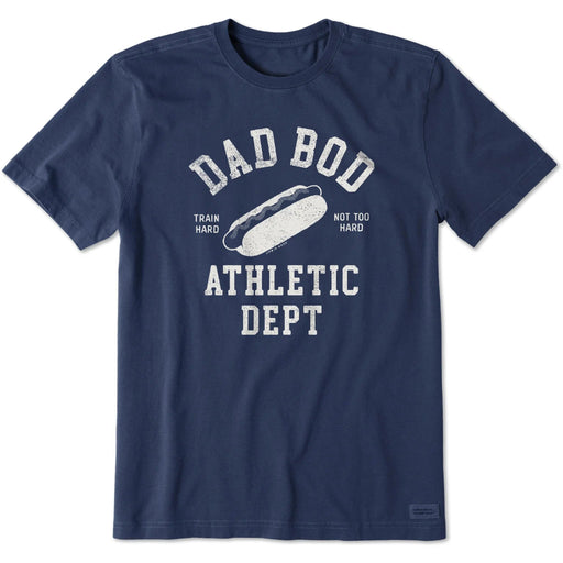 Navy blue t-shirt with white graphic and text on a white background