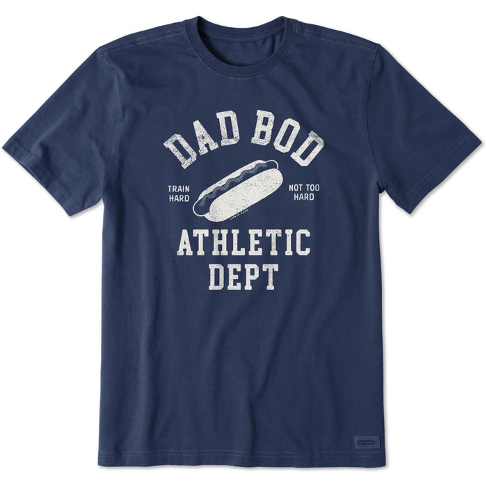 Navy blue t-shirt with white graphic and text on a white background