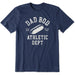 Navy blue t-shirt with white graphic and text on a white background